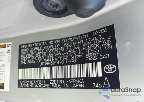 2007 Toyota Corolla Le from USA, damaged, VIN JTDBR32E470104901